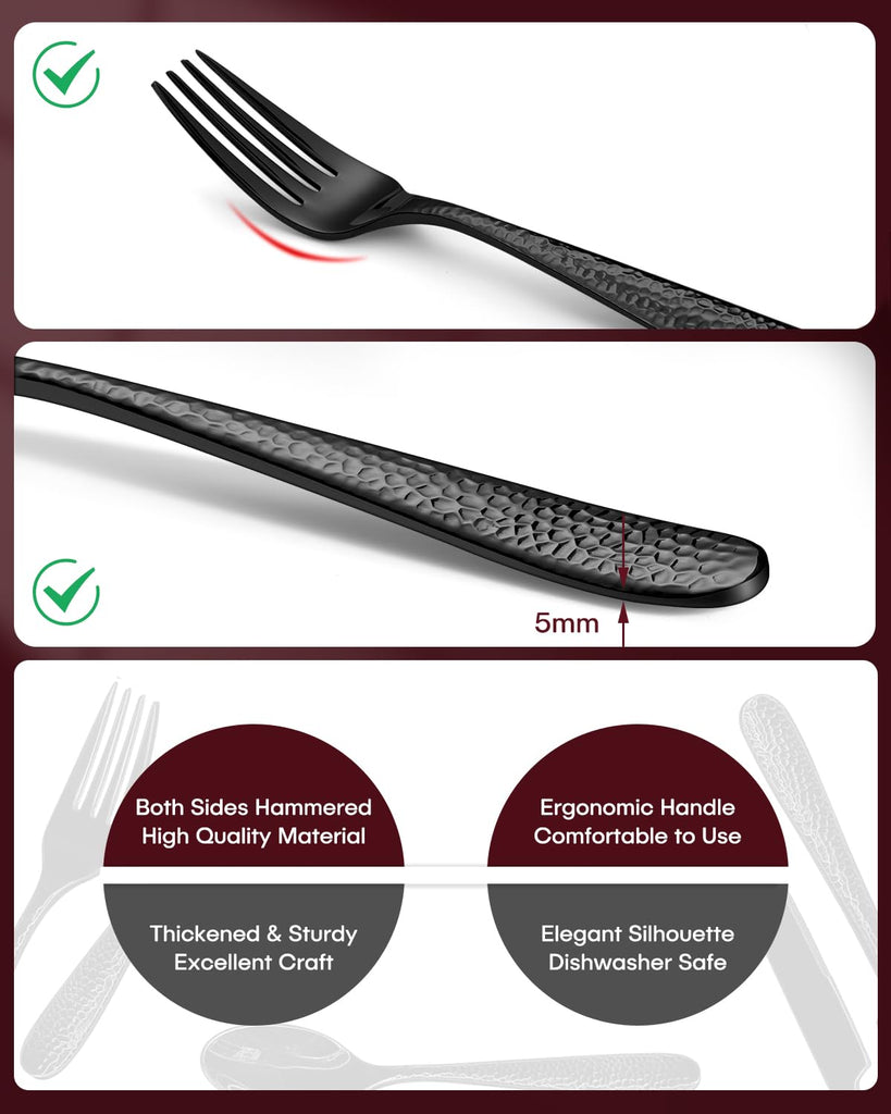 Hammered Black Silverware Set, 40-Piece Flatware Set for 8, Heavy Duty Stainless Steel Cutlery Set, Food-Grade