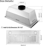 30 Inch Stainless Steel Range Hood Insert 600 CFM Push Button Control, LED Lights, Baffle Filters, Convertible Ducted/Ductless