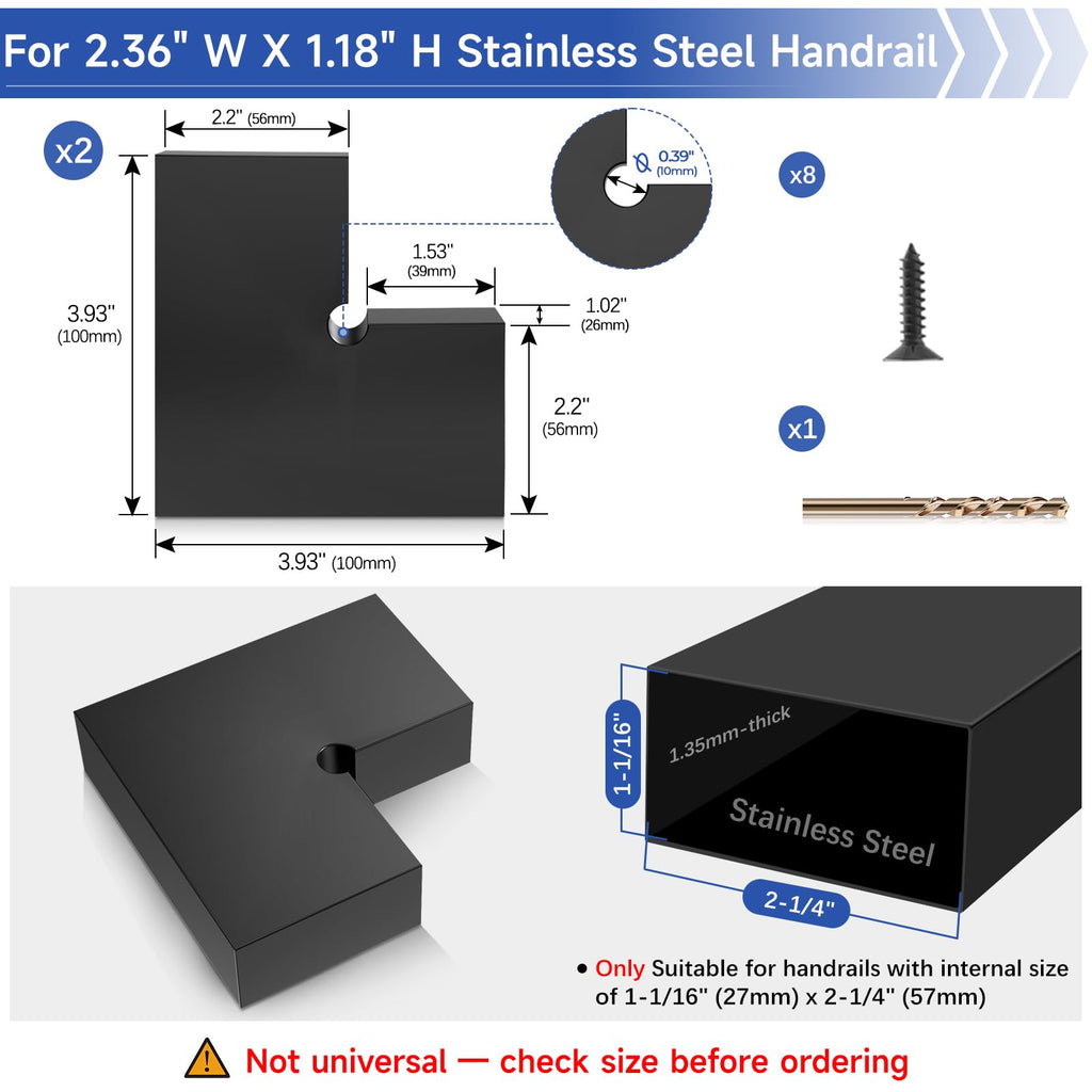 90° Corner Connector for L Shape 2.36" W x 1.18" H Black Handrail