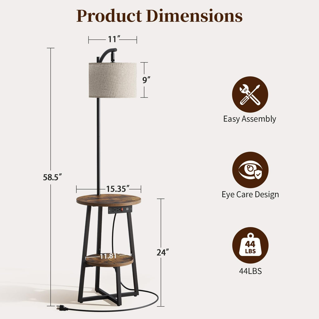 Floor Lamp with Table - Farmhouse Night Stand with Charging Station