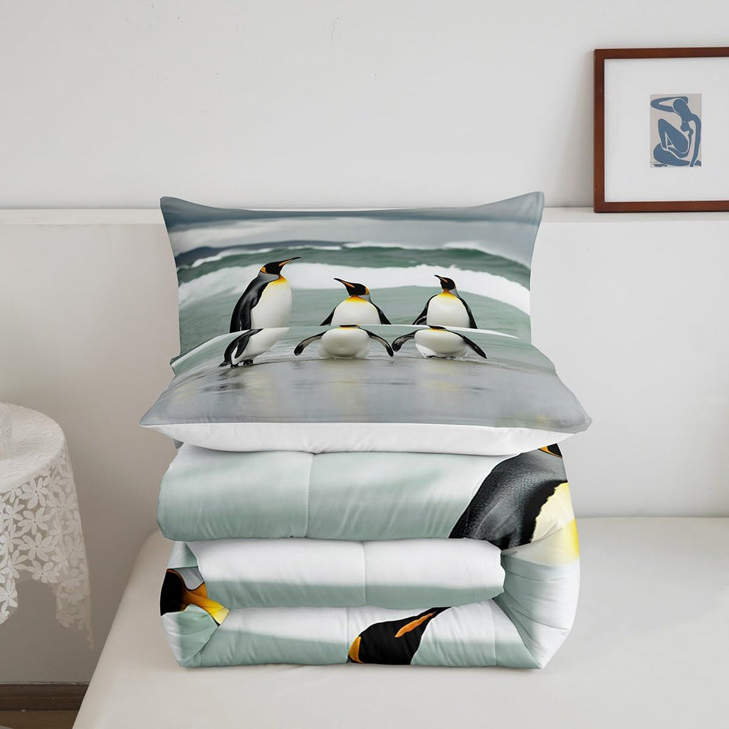 Cute Penguin Comforter Set Coastal Ocean Wave Bedding Set 3D Penguins Wildlife Bedding Home Decor Green Gray
