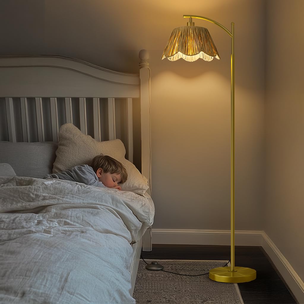 Arc Floor Lamp,Rattan Boho Floor Lamp Decor with Hand-Woven Shade, Foot Switch,Gold Metal Base & Pole,Farmhouse
