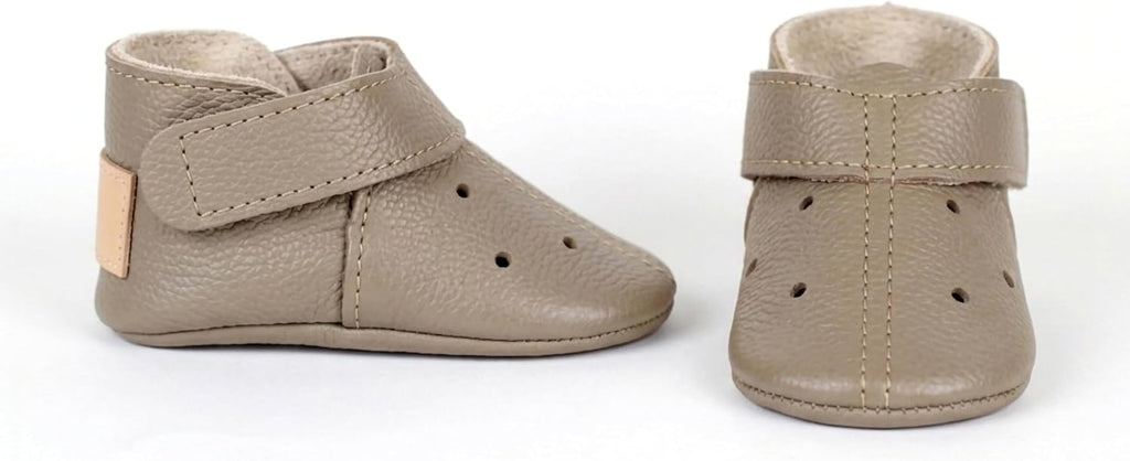 Leather Baby Booties Handmade Moccasins Soft Sole Barefoot First Walking Infant Shoes Newborn Shower Gift Boots Stone