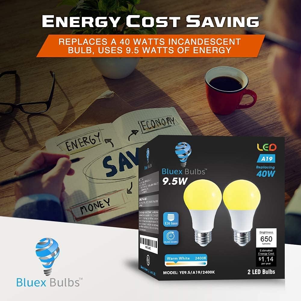 A19 Amber Yellow LED Bug Light Bulb - No Blue Light, 650 Lumens, 120V E26 Medium Base, 9.5-Watt (60-Watt