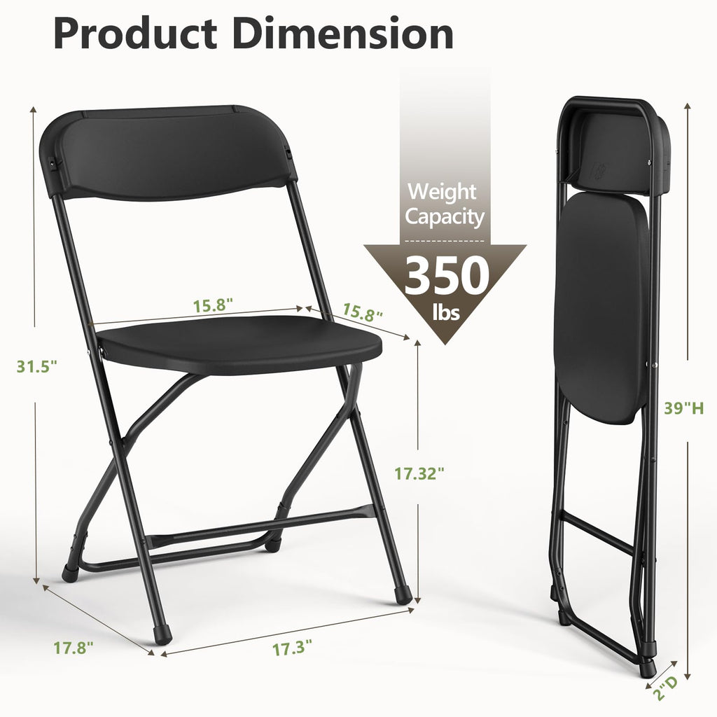 Folding Chairs 10 Pack, Black Folding Chairs for Outdoor Indoor, Plastic Folding Chairs with Sturdy Metal Frame, 350