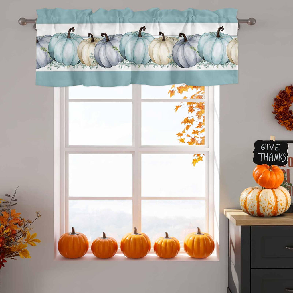 Fall Valance for Windows Blue Pumpkin Curtains Valances Harvest Thanksgiving Rod Pocket Valance Window Treatments