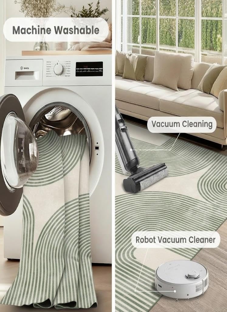 5x7 Area Rug, Green and Beige Modern Geometric Arch Stripe Rug, Machine Washable Non-Slip Low Pile Faux Cashmere