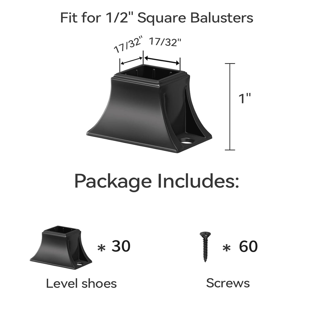 30Pack Iron Baluster Shoes, Level Shoes with Screw, Stair Baluster Shoes Use for 1/2" Square Iron Balusters