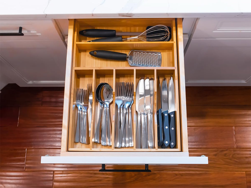 Bamboo Kitchen Drawer Organizer, 13 Inch Silverware Utensil Tray Holder, Extra Deep Grooved Drawer Divider, 7 Slots