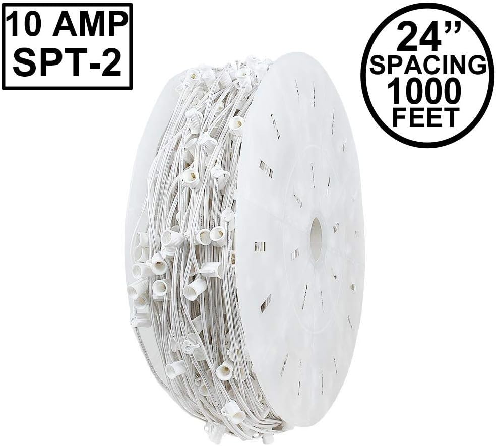 1,000 Feet C7/E12 Socketed Wire Spool, 24 Inch Spacing, White Wire 10 Amp SPT-2 Commercial Grade Reel for Cutting