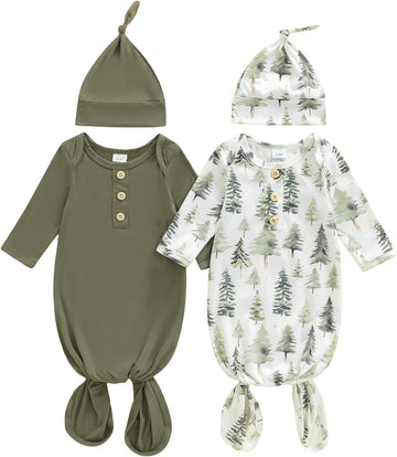 2 Pack Baby Boy Girl Gown Newborn Knotted Nightgown and Hat Set