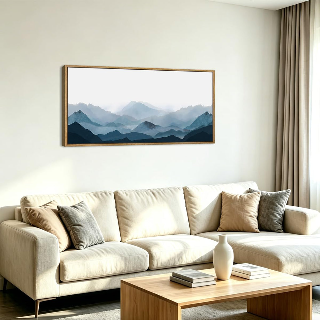 Blue Framed Mountain Landscape Wall Art Fog Mountain Painting Wall Decor Living Room Office Decor 20x40 Inch