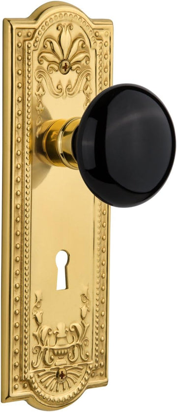 Meadows Plate with Keyhole Black Porcelain Knob, Passage - 2.75", Unlacquered Brass