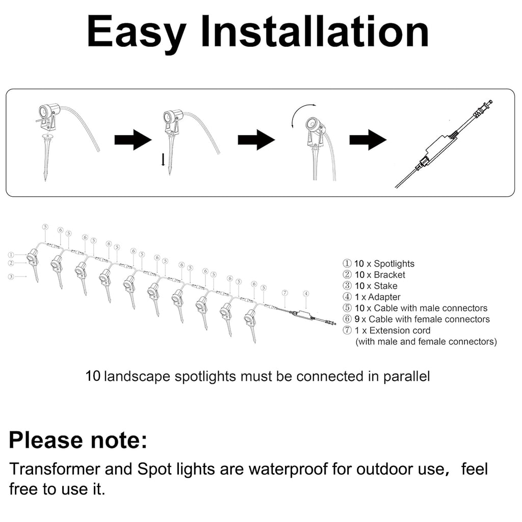 10 Pack Outdoor Landscape Lights with Transformer, LED Spotlights