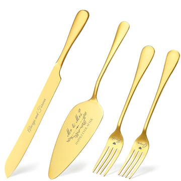 Wedding Cake Knife and Server Set with Forks, Gold 4-Piece