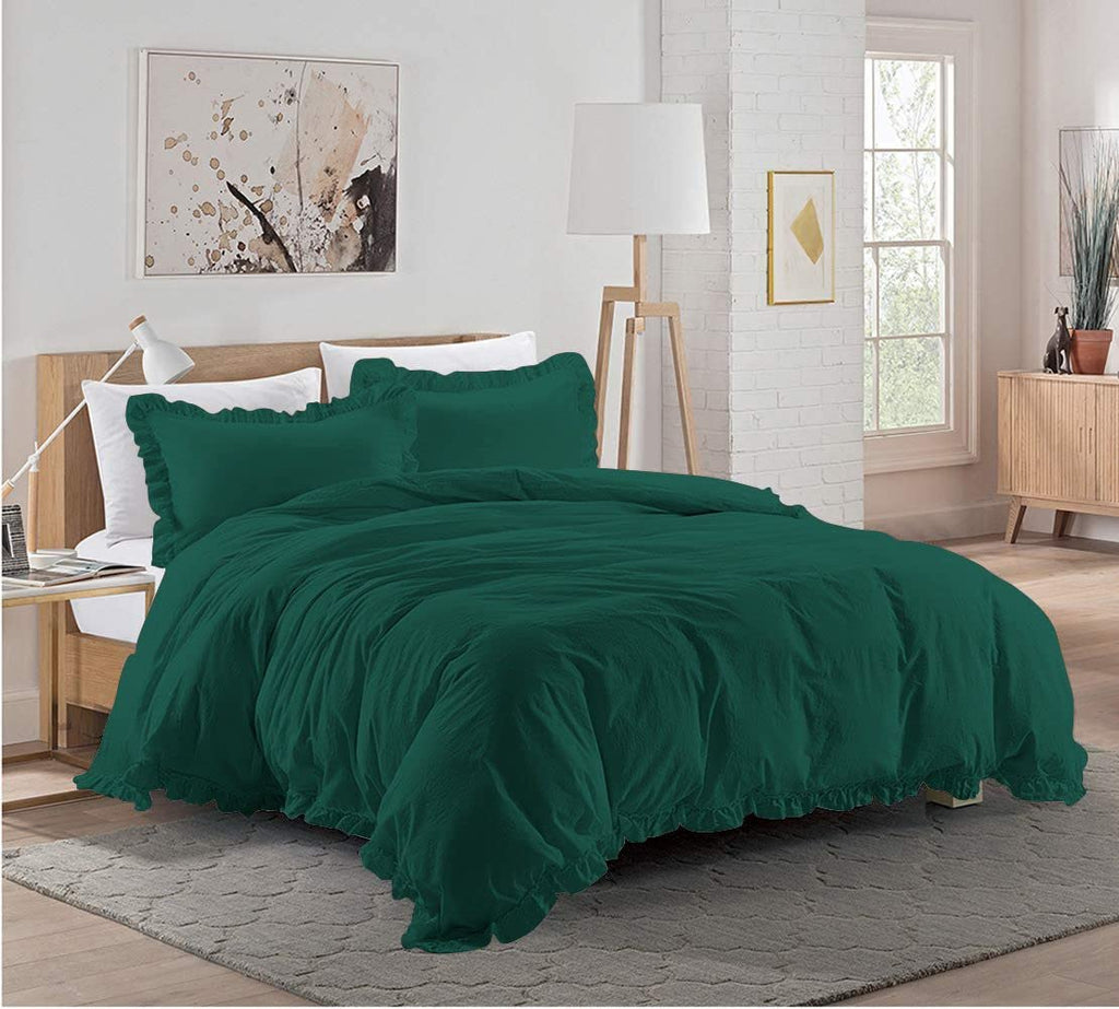 5 Pieces Ruffle Duvet Cover Set with Zipper Closure, 100% Egyptian Cotton 1000 Thread Count Green (Full/Queen, Teal