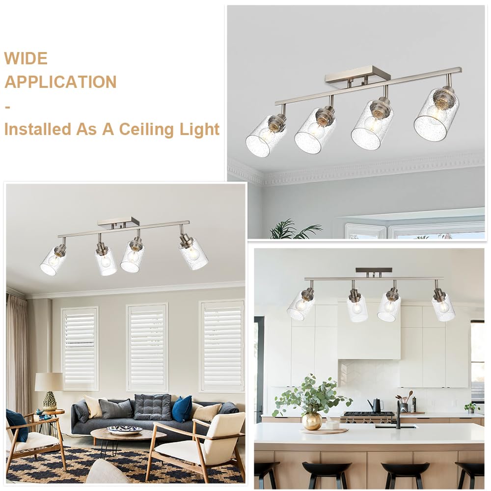 4-Light Track Lighting Fixtures, Rotatable Track Head Bathroom Vanity Light Ceiling Spotlight Brushed Nickel, Seeded