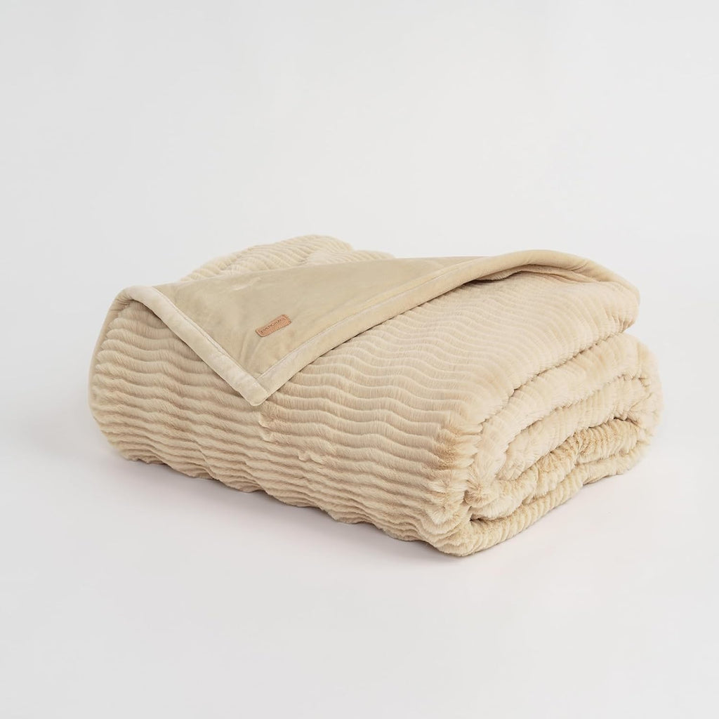 Faux Rabbit Fur Throw Blanket, 60''x80'', Beige | Ultra Soft, Luxury Sculpted Texture Faux Fur Blanket, Fluffy Thick