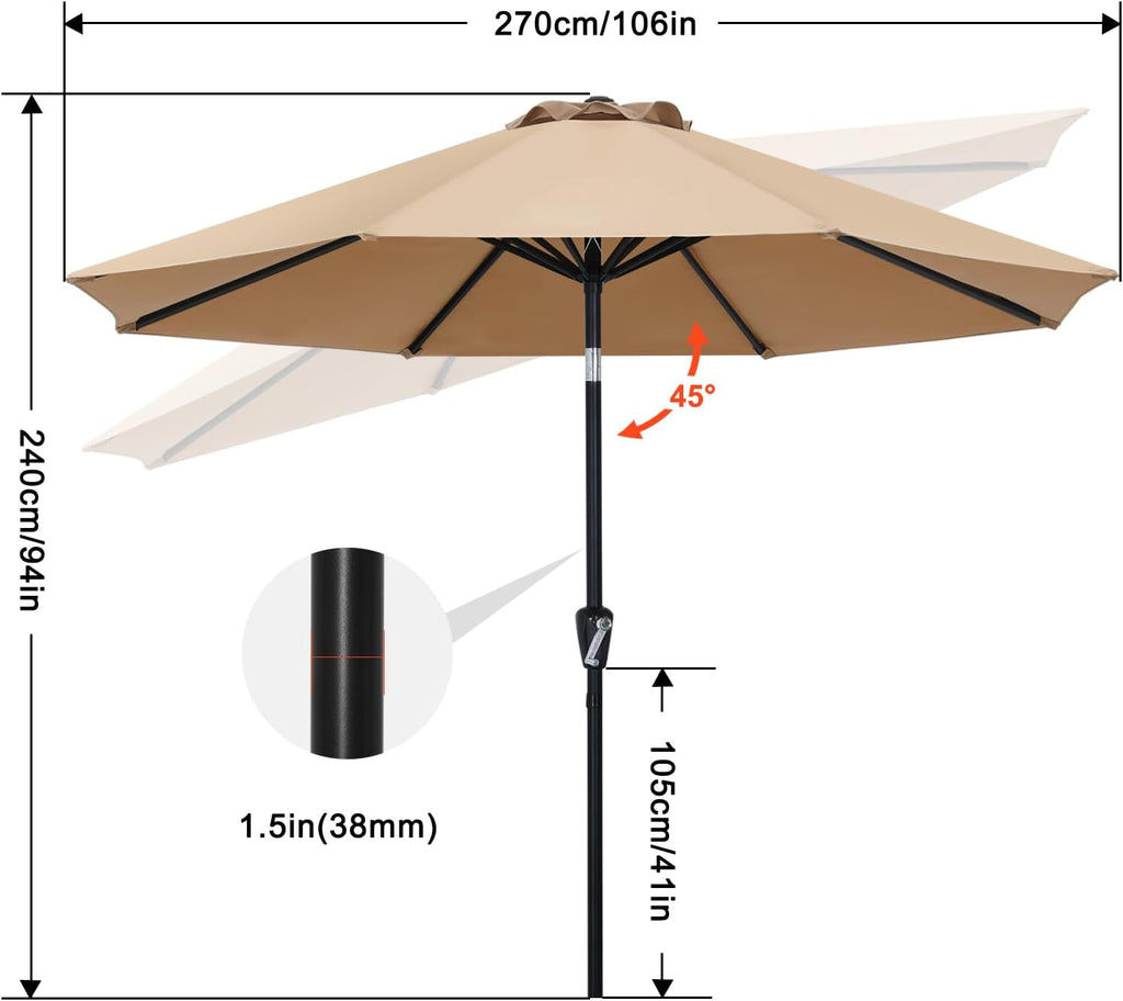 9FT Outdoor Patio Umbrella, 8 Ribs Table Umbrella w/Crank for Easy Set Up, Suitable (Turquoise)