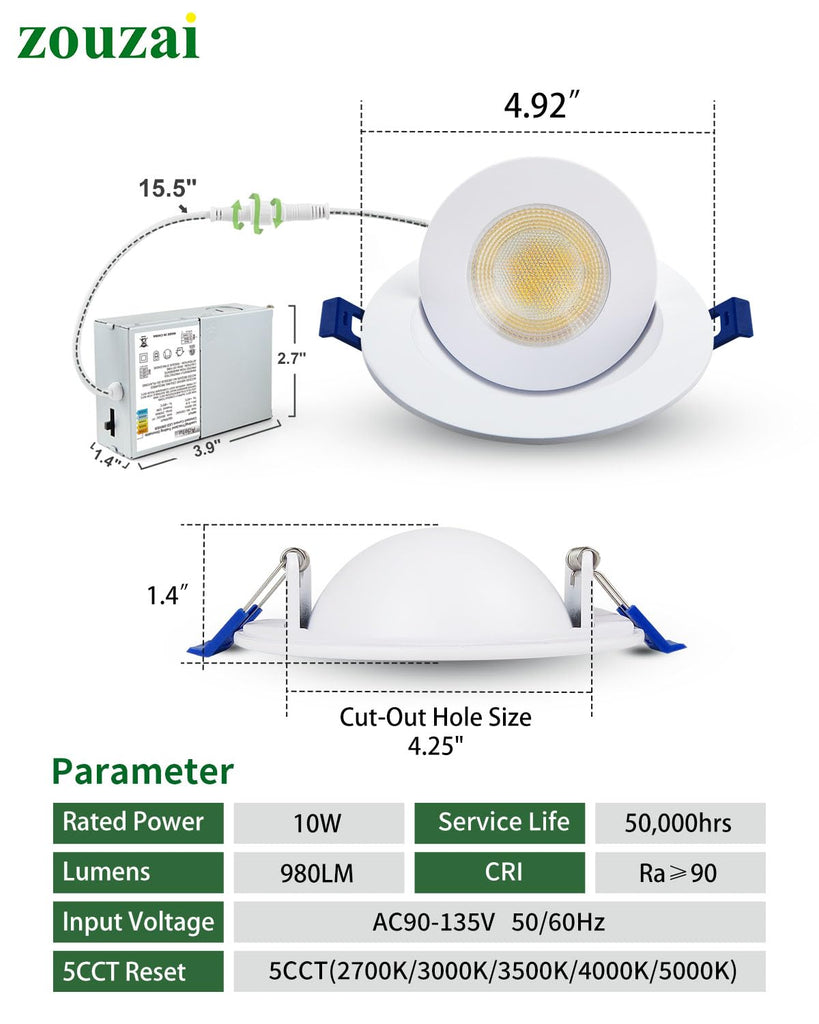 4 Inch Gimbal LED Recessed Lights, 5CCT, 10W 980LM, White 1 Pack