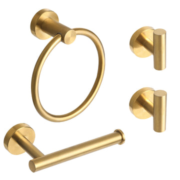4 Piece Brushed Gold Stainless Steel Bathroom Hardware Set Include Hand Towel Ring, Toilet Paper Holder, and 2 Robe