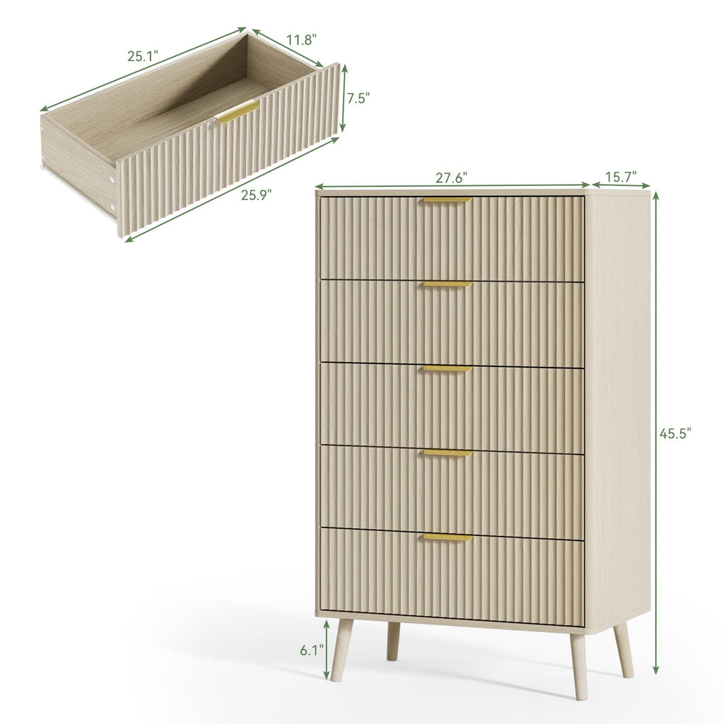 Beige 5 Drawer Dresser, 45" Tall Modern Chest of Drawers with Fluted Panel, Curved Profile Design, Metal Handles