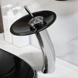 Black Oval Bathroom Vessel Sink Tempered Glass Washing Bowl Combo Above Counter Chrome Waterfall Faucet Pop Up Drain Set