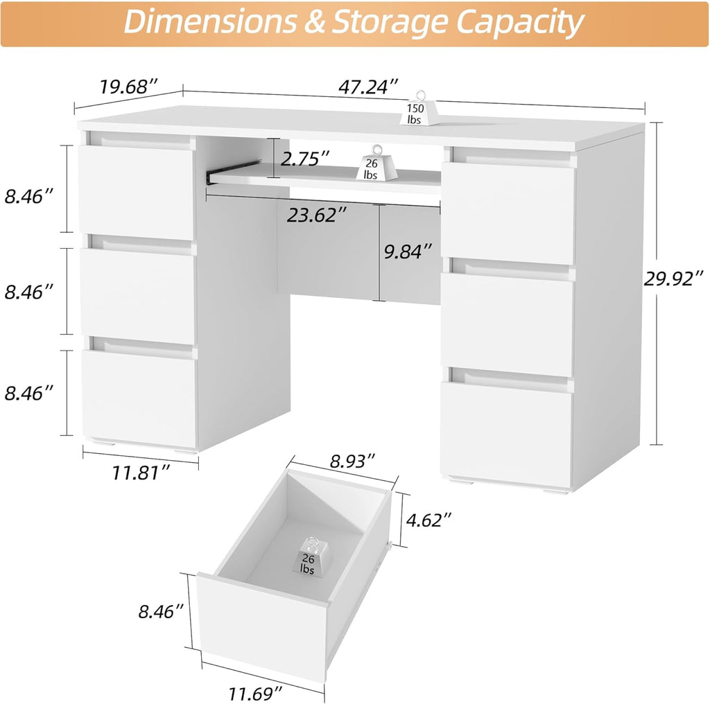 Computer Desk with 6 Drawers, 47'' Home Office Desk with Storage & Keyboard Shelf, White Gaming Desks