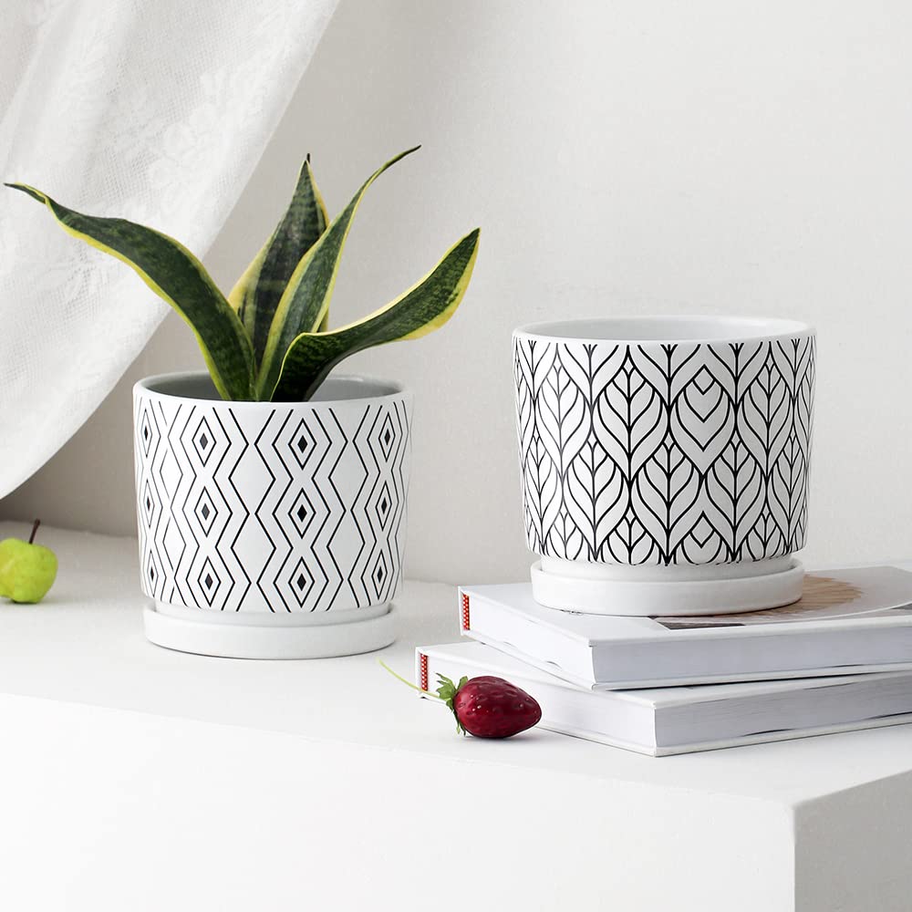 Plant Pots 5 Inch White Ceramic Flower Pots with Drainage Indoor Planters