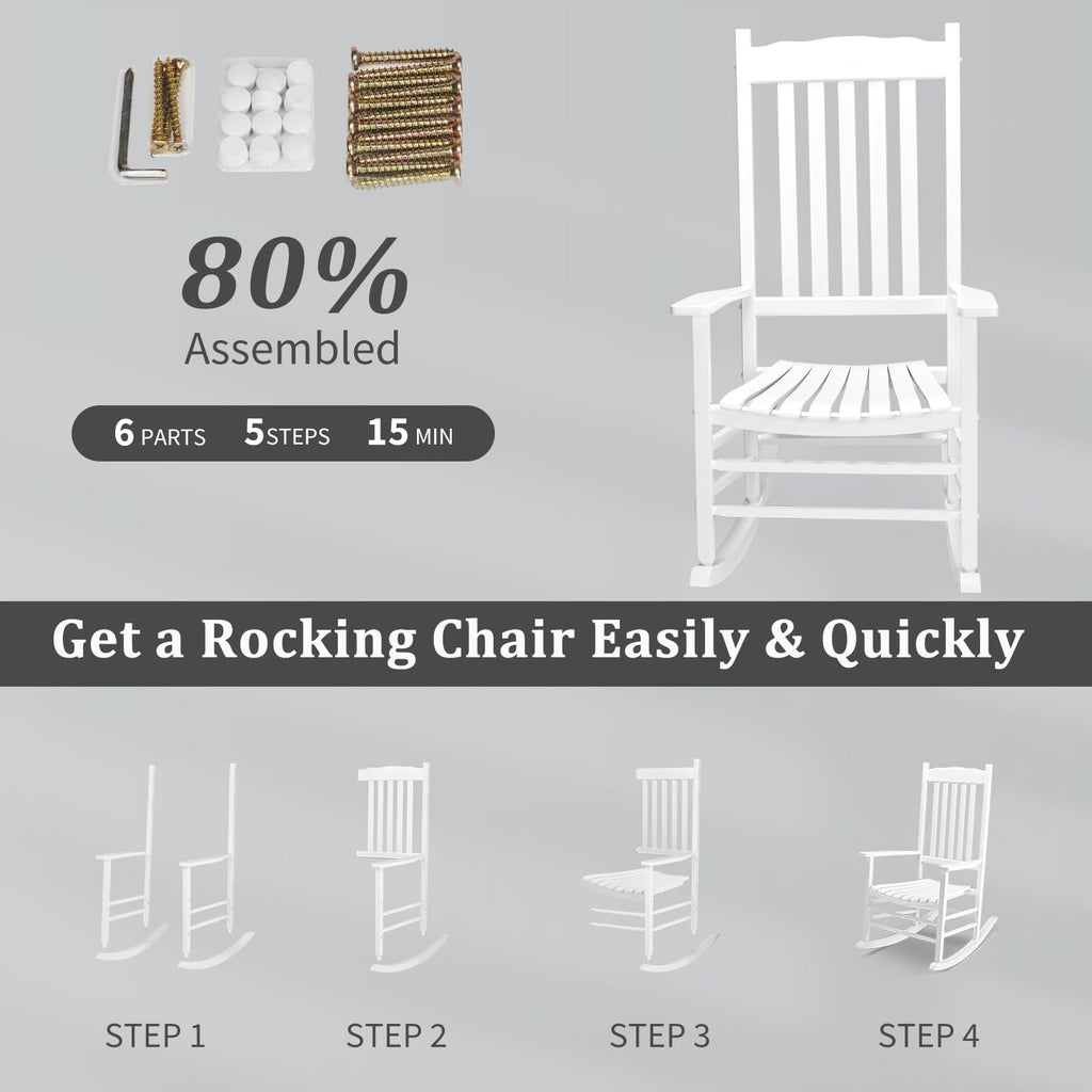 Outdoor Rocking Chair, Solid Wood High Back Rocker, White