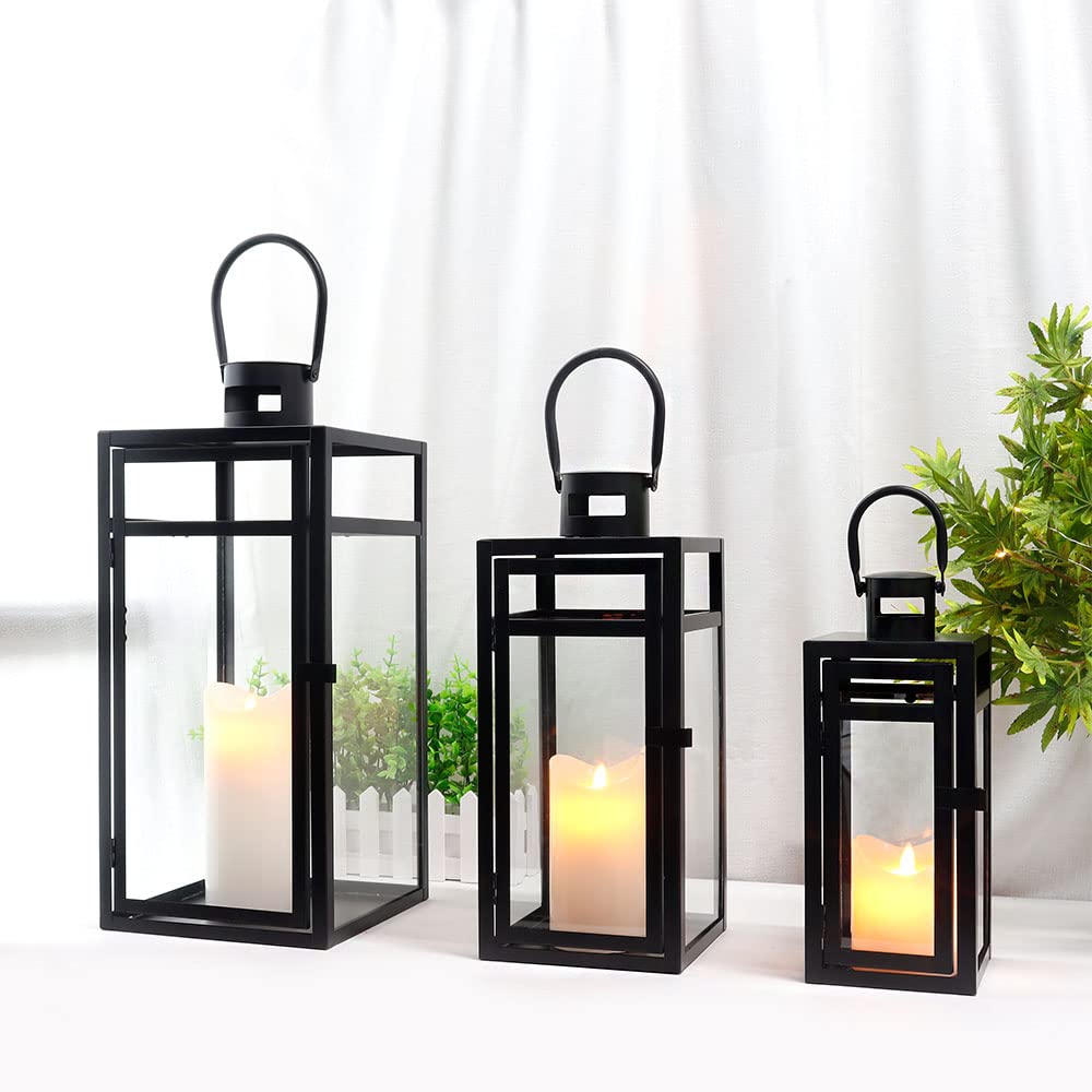 Stainless Steel Lantern Set of 3 - Assorted Sizes (12/15/19 Inch) - Tall Metal Hanging Lanterns with Clear Glass