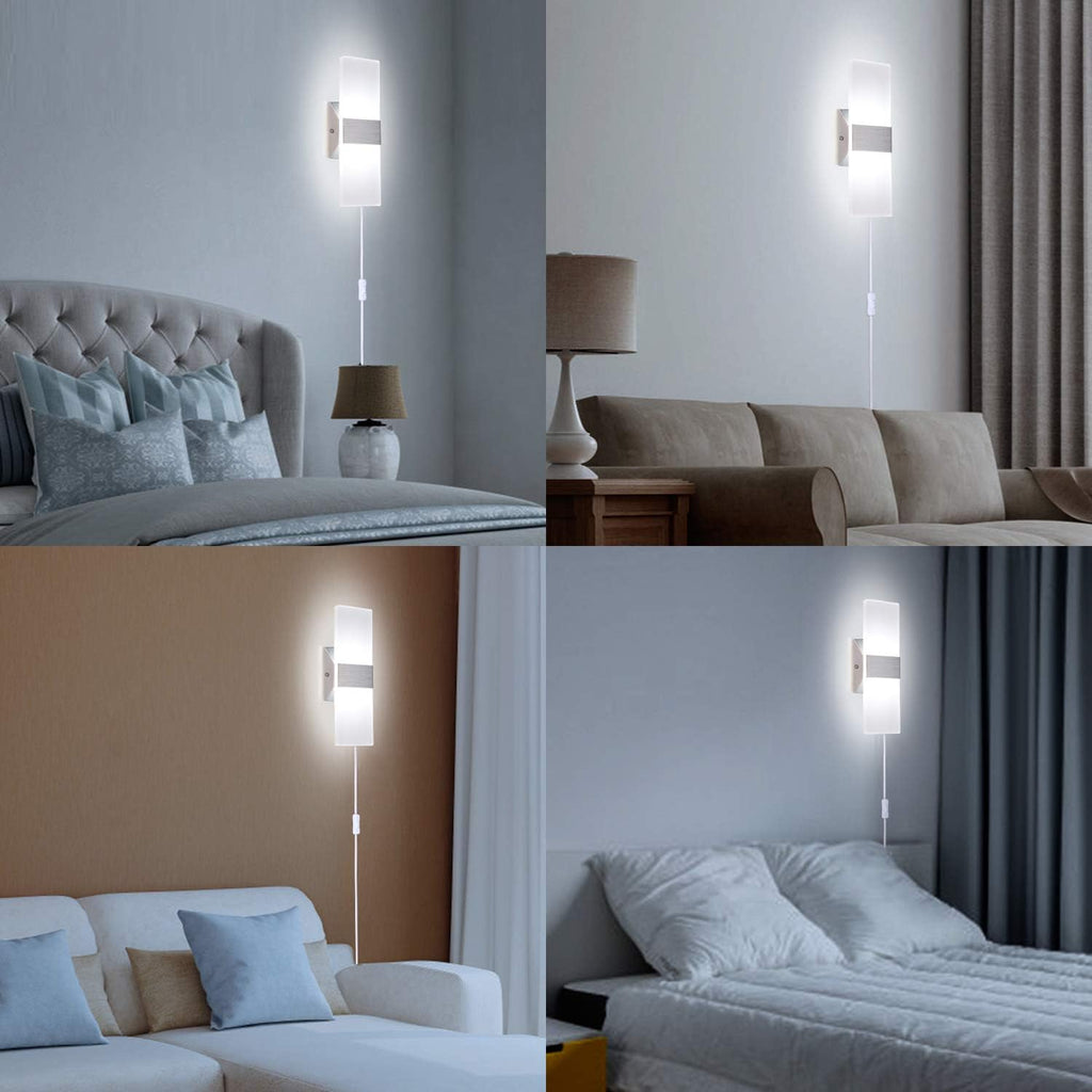 Modern Wall Sconces Set of 2, Wall Sconce Plug in 12W LED 6000K Cool White Acrylic Wall Mounted Light Wall Lights