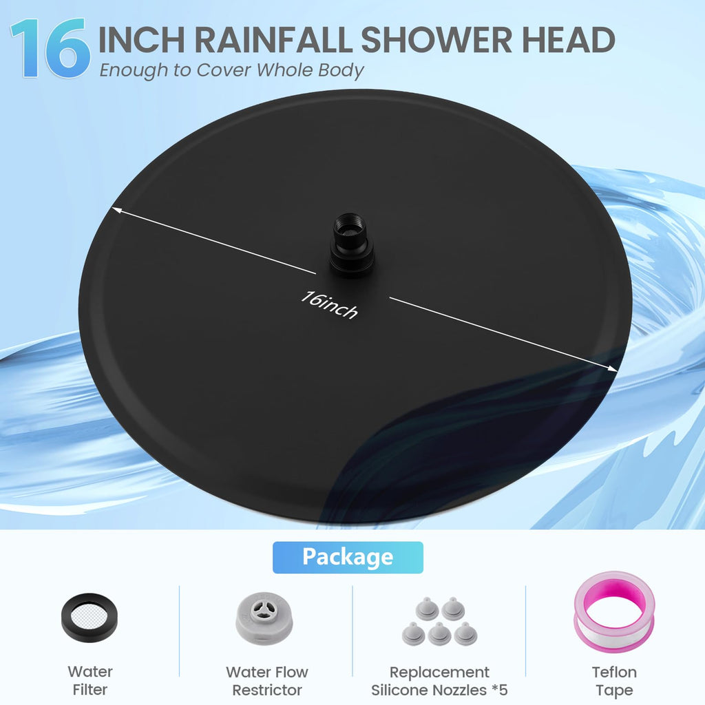 16 inch Matte Black Round Ceiling Rainfall Shower Head, All Metal Stainless Steel 304, Full Body Rainfall Shower with
