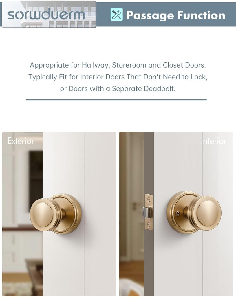 1 Pack Champagne Bronze Door Knob Passage Door Knobs Interior Door Handle for Hall and Closet,Zinc Alloy