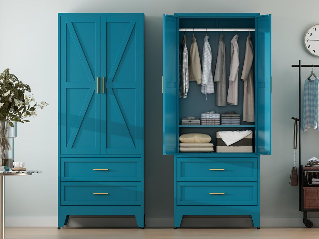 71 Farmhouse Metal Wardrobe Closet with Hanging Rod, 2 Barn Doors, Adjustable Shelves, Steel Armoire with Drawer Green