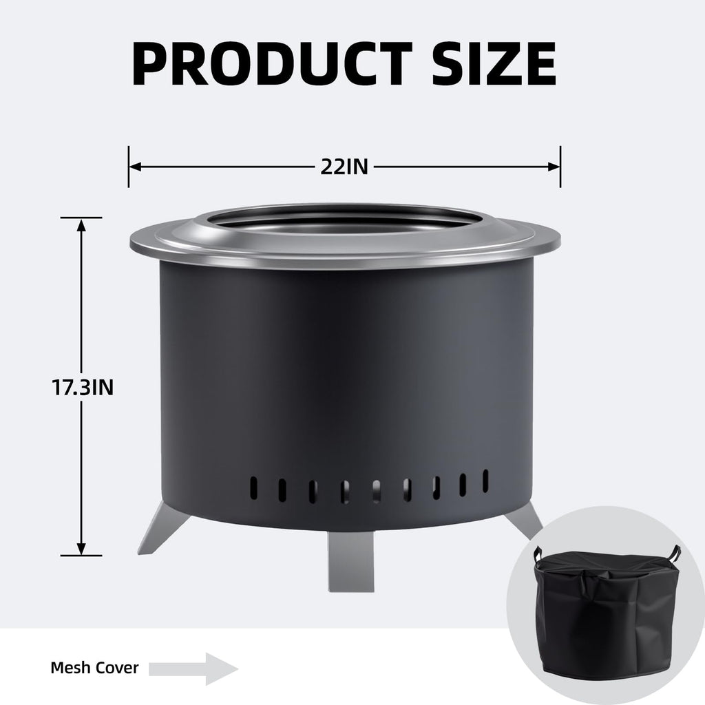22 Inch Smokeless Fire Pit with Ash Pan Outdoors Black