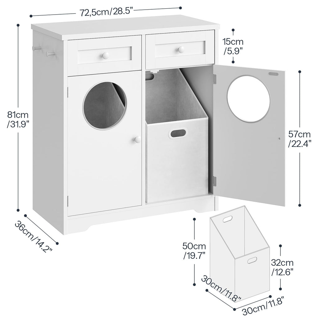 Double Laundry Hamper Cabinet, Hidden Laundry Cabinet with 2 Drawers & 2 Baskets, 20 Gallon Farmhouse Bathroom