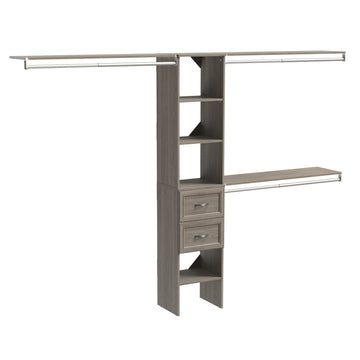 SuiteSymphony Wood Closet Organizer Kit with Tower, 3 Hang Rods, Top Shelves, 2 Drawers, Adjustable, Fits Spaces 5-9