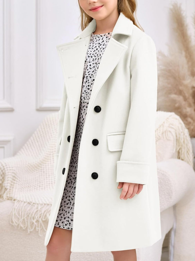 Girls Double Breasted Trench Coat Notch Lapel Long Peacoat