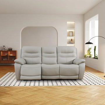Power Reclining Sofa, 3-Seater Genuine Leather Recliner Couch, Light Grey Top Grain Leather Sofa with USB Port