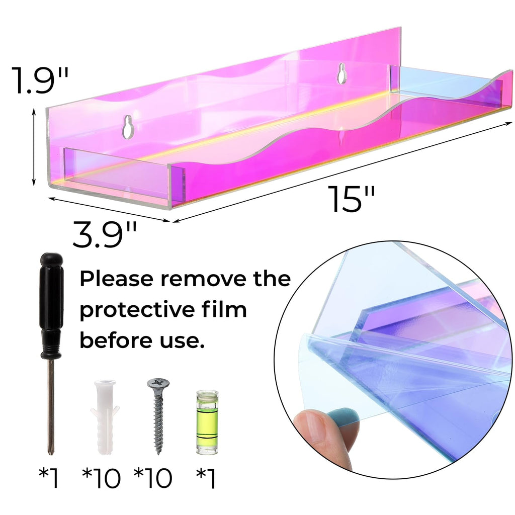 4 Pack 15" Iridescent Acrylic Floating Shelves, Wall Mounted Floating Bookshelf Organizer for Room, Clear Nail Polish