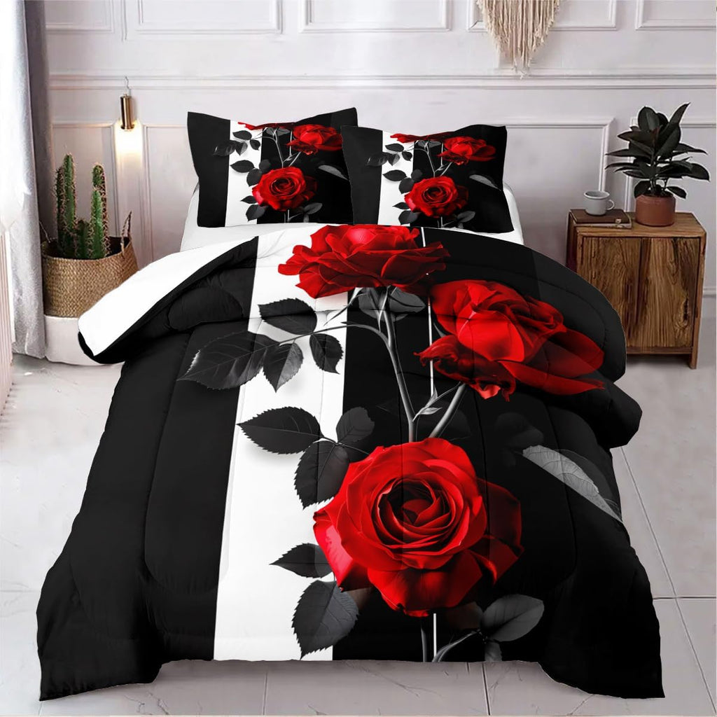 Rose Comforter Set King Black Red Bedding Set Striped Floral Bedding for Women Aesthetic Comforter with 2 Pillowcases