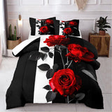 Rose Comforter Set King Black Red Bedding Set Striped Floral Bedding for Women Aesthetic Comforter with 2 Pillowcases