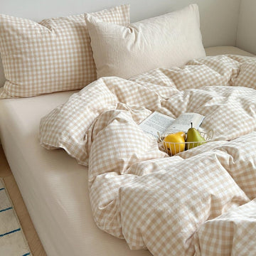 Gingham Duvet Cover Set Beige Plaid Checkered Bedding