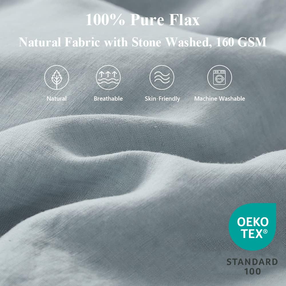 100% Linen Duvet Cover Set 3pcs with Bowknot Ties Closure Natural French Washed Flax Solid Color Soft Breathable