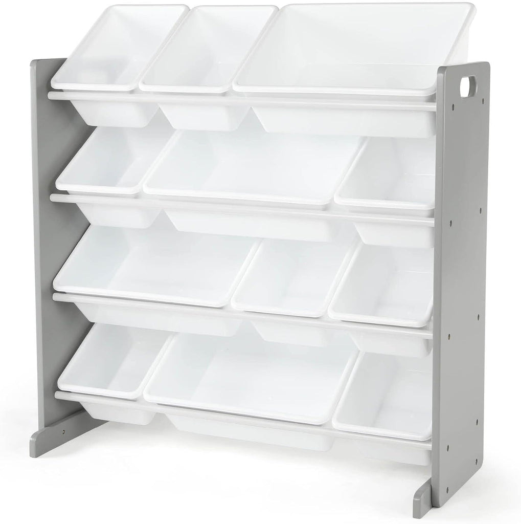 Toy Storage Organizer with 12 Removable Storage Bins for Kids Playroom, 4-Tier Toddler Toy Organization, Grey/White