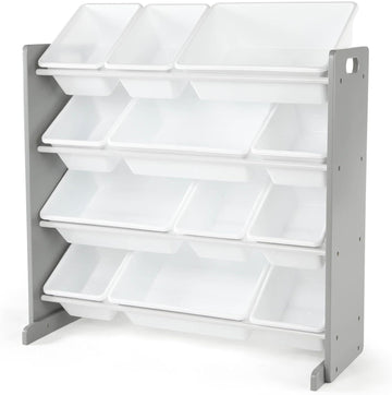 Toy Storage Organizer with 12 Removable Storage Bins for Kids Playroom, 4-Tier Toddler Toy Organization, Grey/White