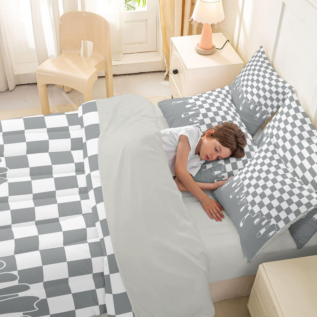 Neutral Grey Checkered Bed Sheets and Comforter Set | Gingham Checkerboard Drip 7 Piece Bedding Set Retro