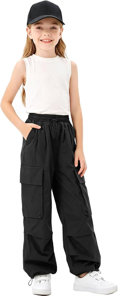 Girls Cargo Pants Elastic Waist Drawstring with Pockets Pants
