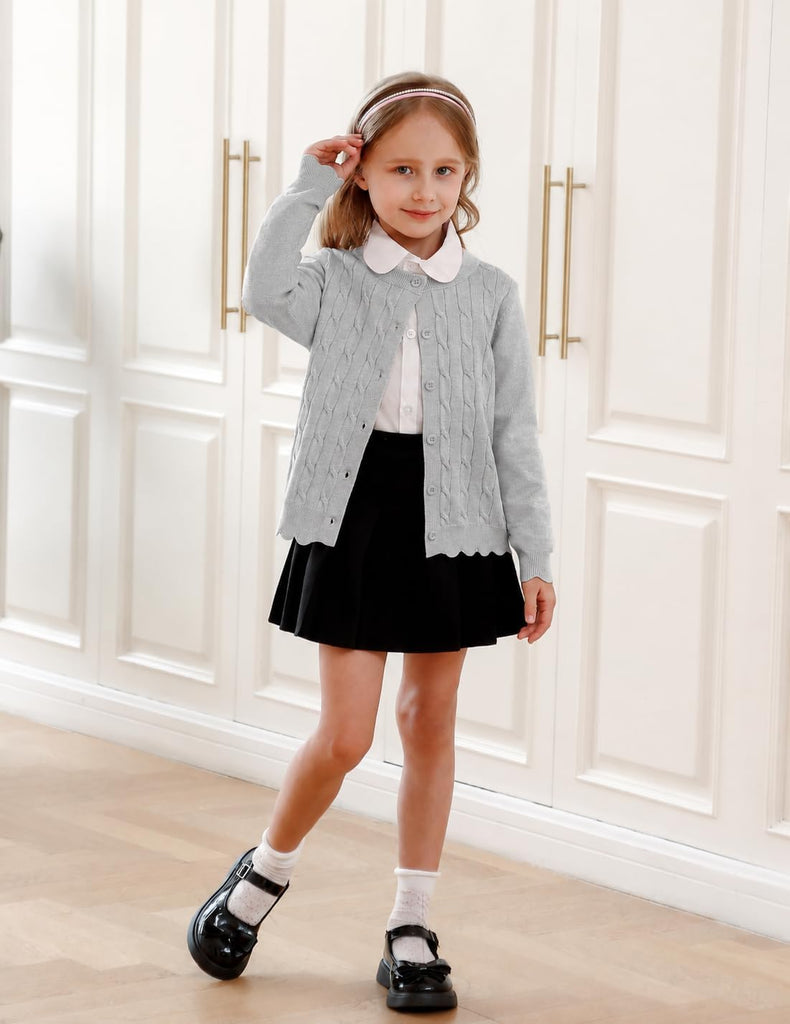Girls Cable Knit Cardigan Kids Button Up Uniform Sweater Tops